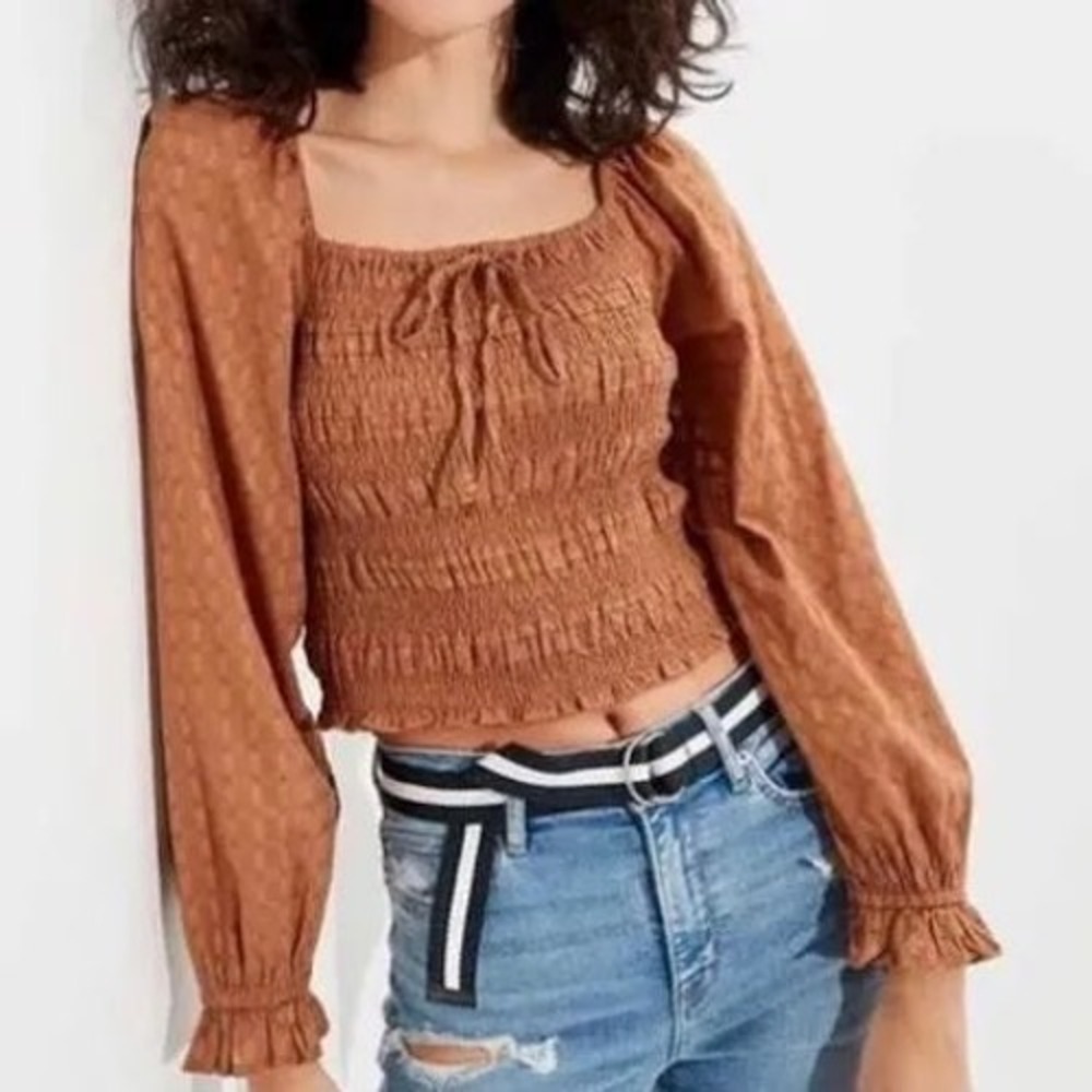 American Eagle Smocked Crop Top Brown Long Sleeve Square Neck Blouse Medium